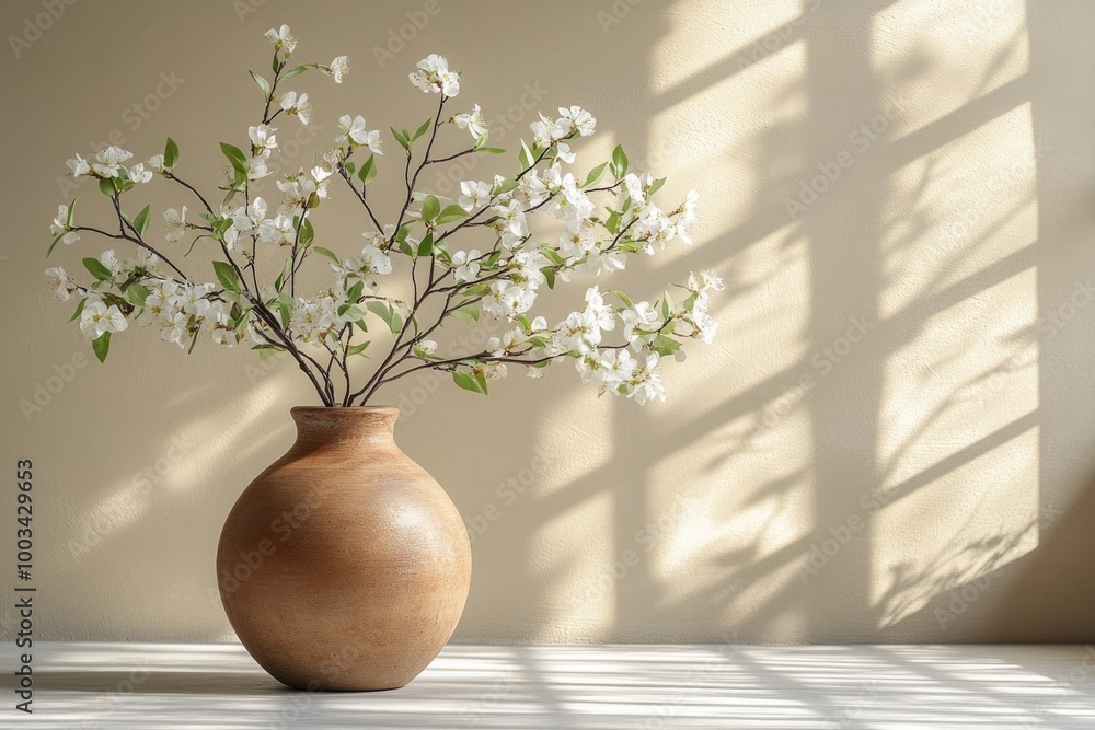 Serene Minimalist Interior with Soft Natural Light and a Simple Clay Vase of Delicate White Branch Serene Minimalist Interior with Soft Natural Light and a Simple Clay Vase of Delicate White Branch