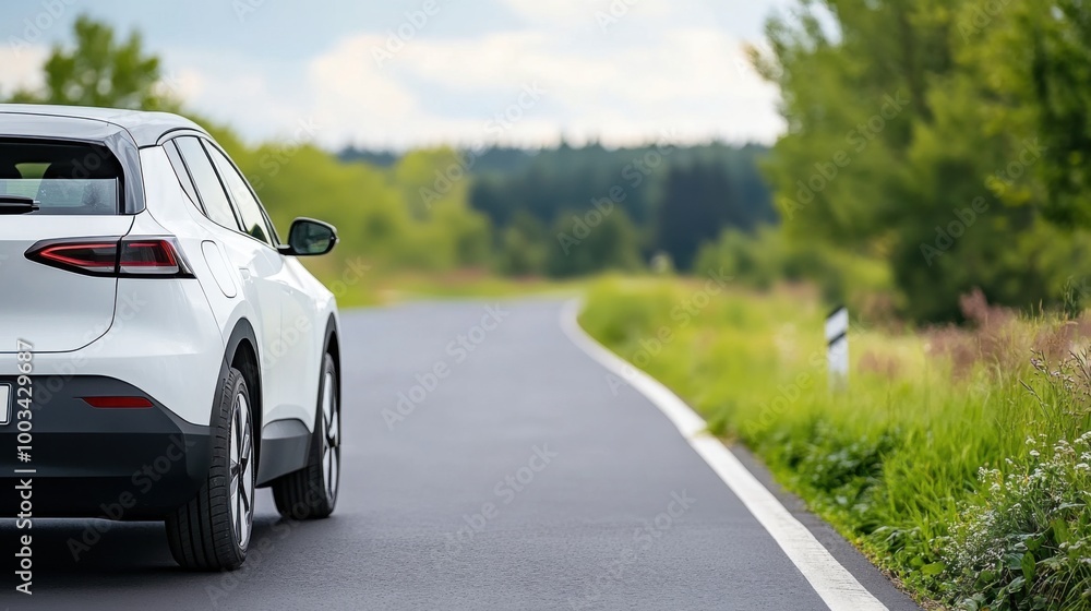 Electric Car on Scenic Roadway Amid Nature Electric Car on Scenic Roadway Amid Nature