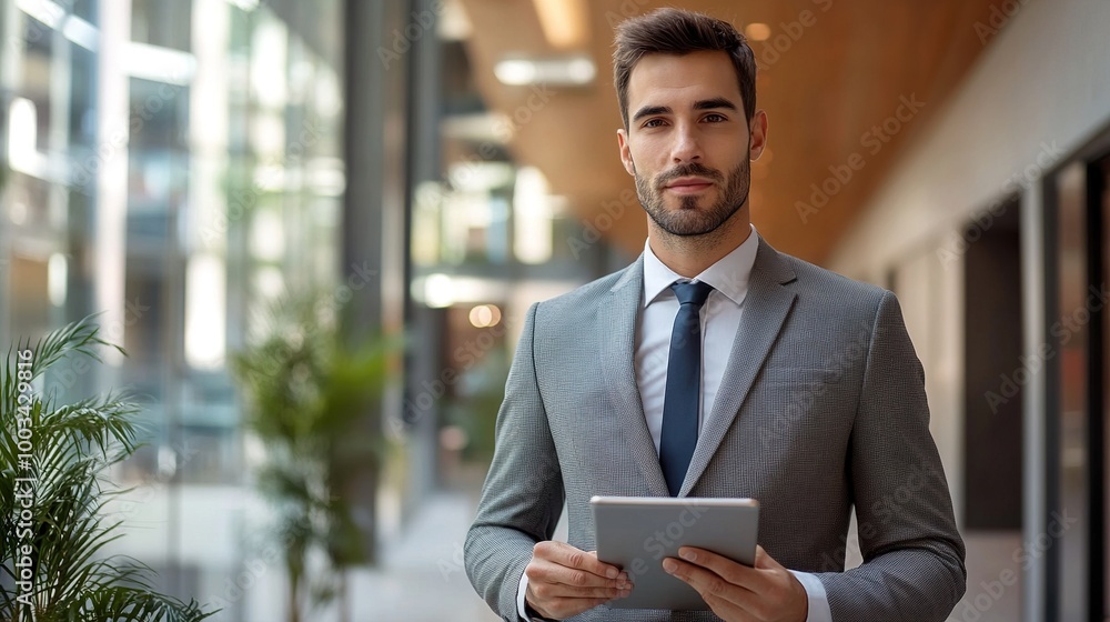 Fototapeta premium Professional Man Holding Tablet in Modern Office Space