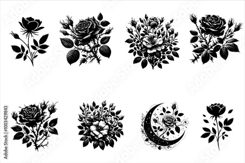 Rose Silhouette Vector Bundle Illustration. Wild Rose Silhouette Vector Set Isolated on white background.
