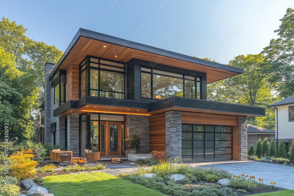 Sleek Modern Two-Story Home with Dark Grey Accents and Bright Open Garage Showcasing Stylish Inter Sleek Modern Two-Story Home with Dark Grey Accents and Bright Open Garage Showcasing Stylish Inter