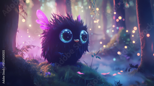 Tiny fairy cute monster in a misty magical fairy tale forest. little magical creature with beautiful eyes with neon lights in the background. generative ai. Fairy Tale Creature. Illustration