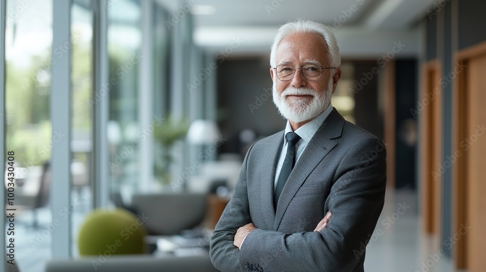 Confident Elderly Man Standing in Modern Office Space Confident Elderly Man Standing in Modern Office Space