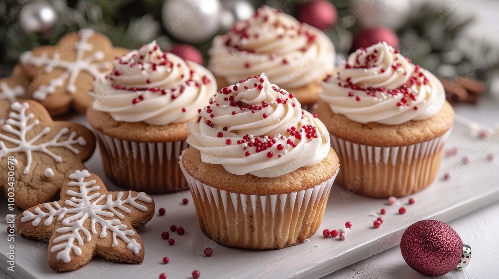 These adorable holiday themed mini cupcakes and gingerbread cookies are a festive treat. Each cupcake is topped with whipped cream, red and white sprinkles, and a candy cane, giving it a lively look. These adorable holiday themed mini cupcakes and gingerbread cookies are a festive treat. Each cupcake is topped with whipped cream, red and white sprinkles, and a candy cane, giving it a lively look.