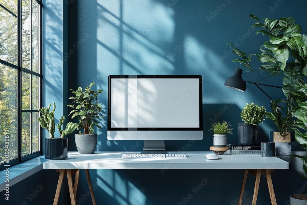 Modern Room with White-Screen PC Mockup on Table Against a Stylish Blue Wall Modern Room with White-Screen PC Mockup on Table Against a Stylish Blue Wall