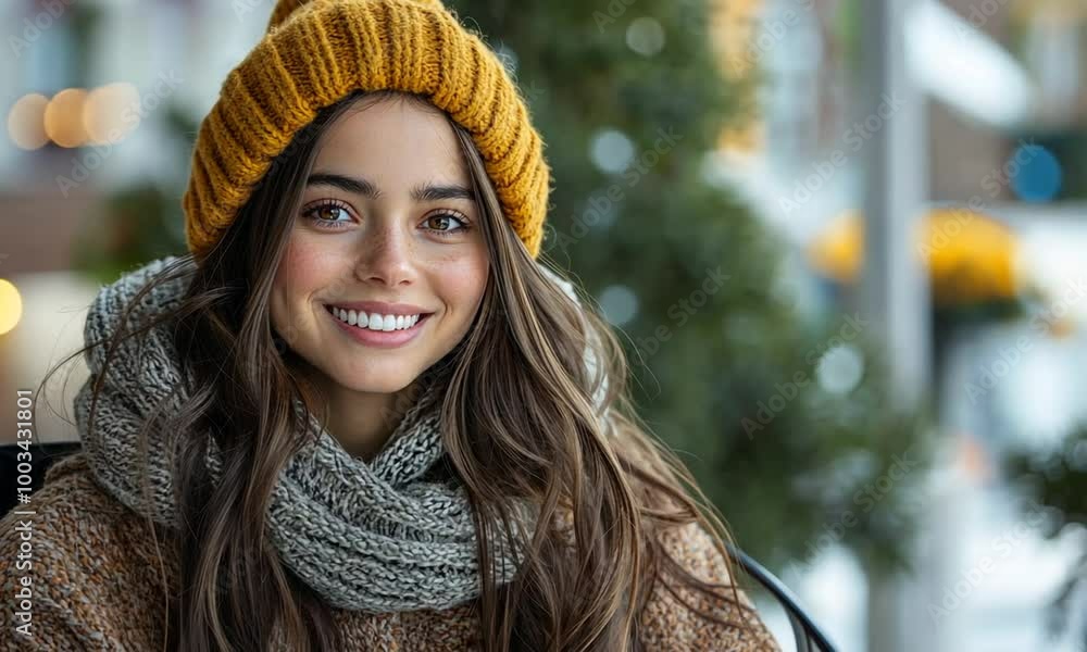 Smiling woman in a cozy hat and scarf, enjoying a winter day. Smiling woman in a cozy hat and scarf, enjoying a winter day.