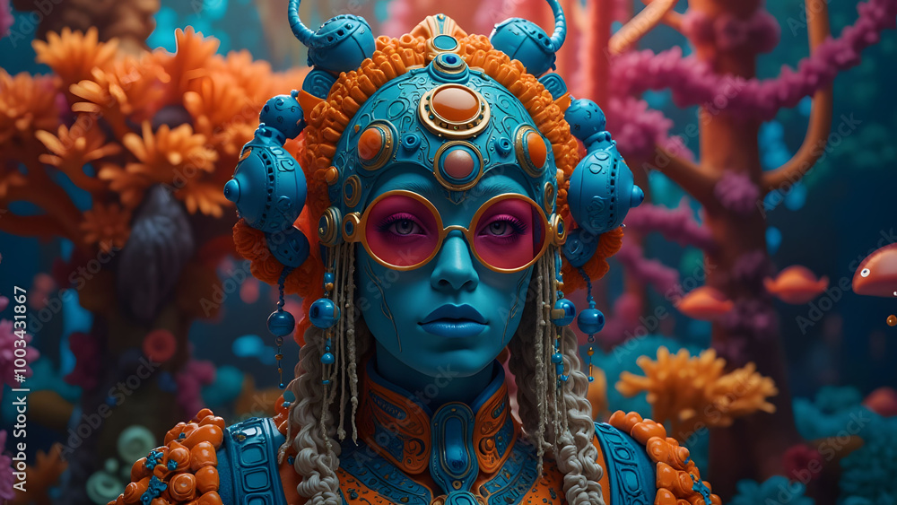 Blue Skinned Woman in Fantasy Coral Reef Blue Skinned Woman in Fantasy Coral Reef