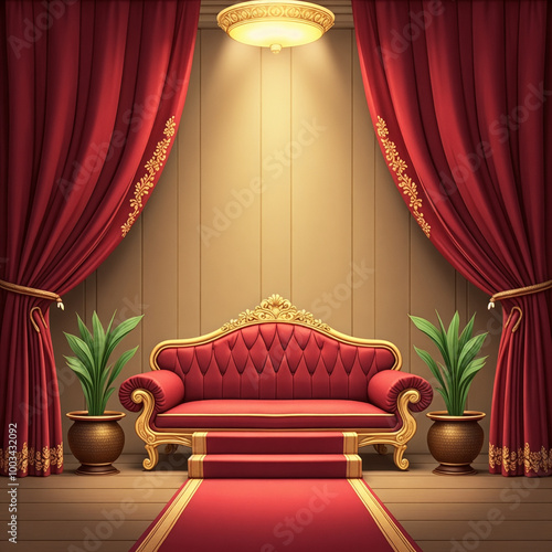 Red velvet couch is in the middle of a room with red curtains photo