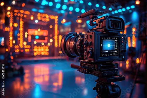 Brightly Lit Television Studio Set Captured by Professional Video Camera in Dynamic Colors