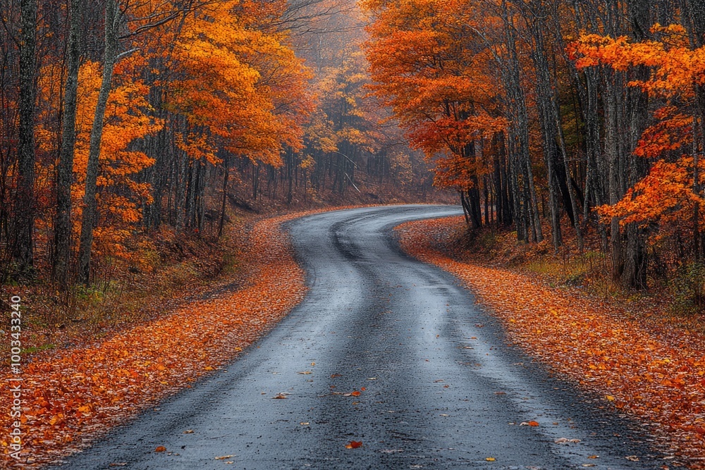 Obraz premium A Tranquil Autumn Journey Through Vibrant Foliage into a Peaceful Forest Landscape