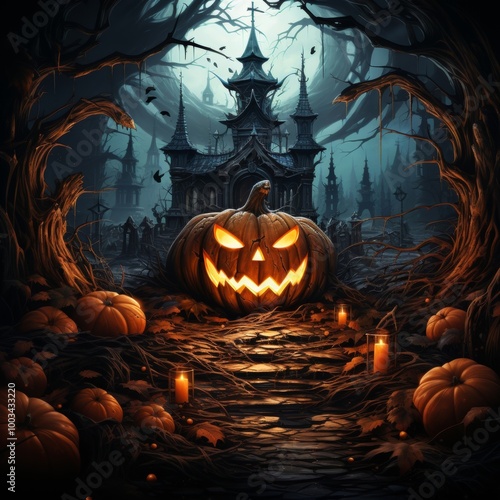 Halloween pumpkins under the moonlight,AI