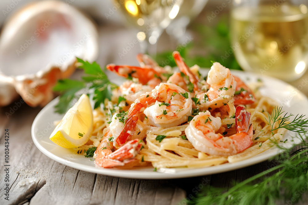 Pasta seafood on plate with wooden background. Pasta seafood on plate with wooden background.