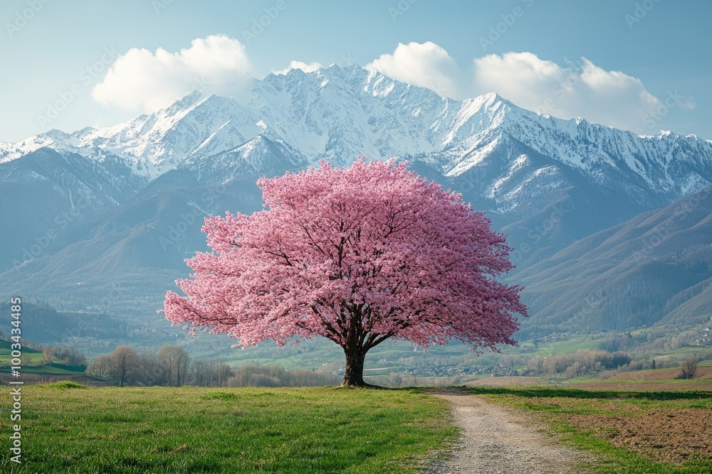 Tranquil Spring Morning with a Pink Cherry Blossom Tree and Snow-Capped Mountains in the Backgroun Tranquil Spring Morning with a Pink Cherry Blossom Tree and Snow-Capped Mountains in the Backgroun