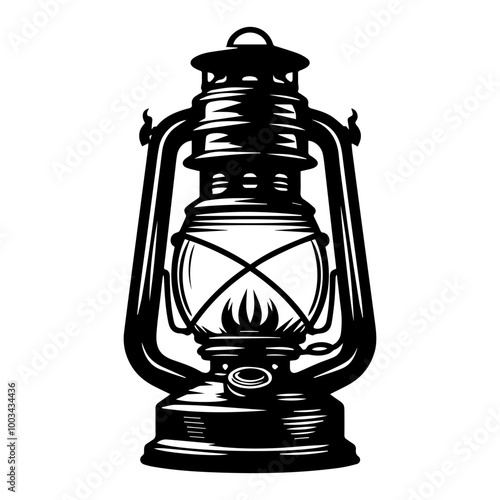 Vintage Kerosene Lantern Silhouette with Angular Flame for Retro T-Shirt Design