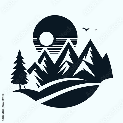 Minimalist Mountain Landscape with Sun and Hiker Silhouettes for Adventure Branding
