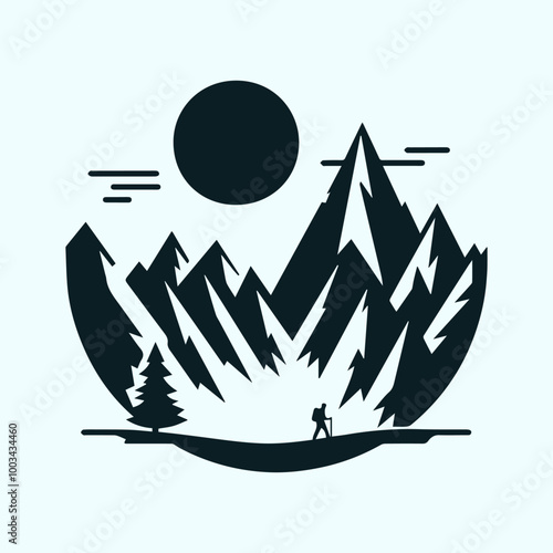 Adventure Branding with Minimalist Mountain, Sun, and Hiker Silhouettes
