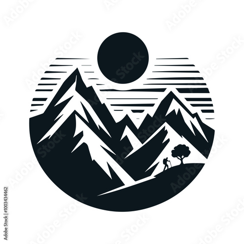 Minimalist Mountain Landscape Silhouettes with Sun and Hiker for T-Shirt Design
