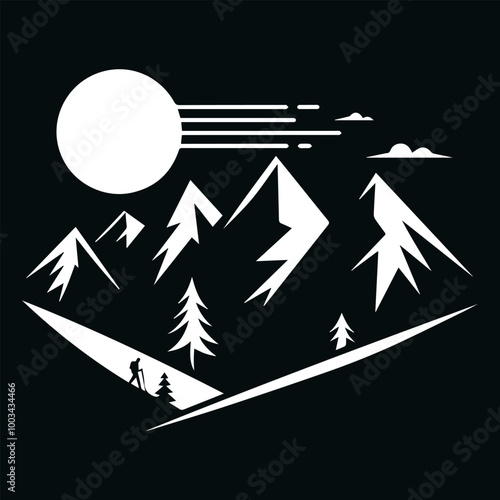 Outdoor Adventure Branding with Minimalist Mountain and Hiker Silhouettes
