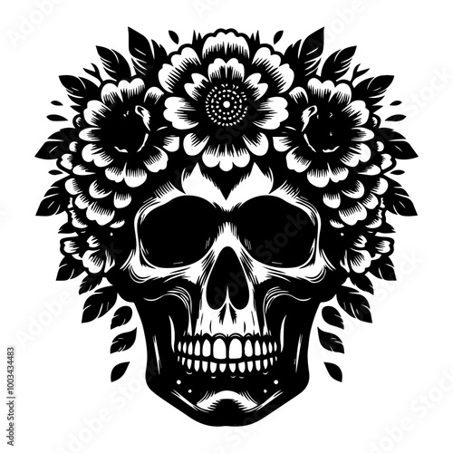 Floral Skull Design with Flower Crown for T-Shirt Graphics and Logo Branding
