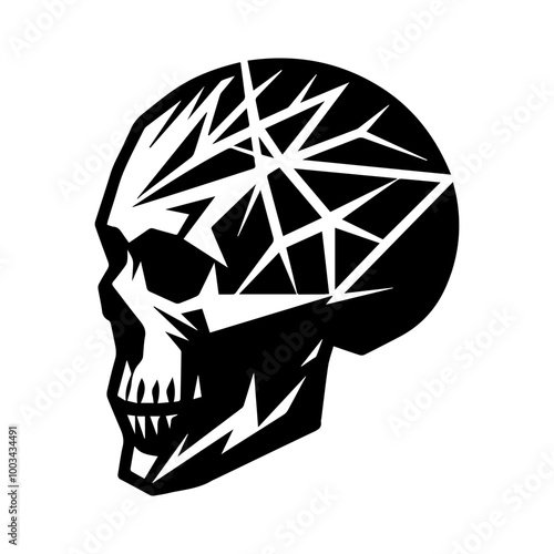 Fractured Skull Silhouette with Angular Geometric Detailing for Edgy T-Shirt and Logo Design