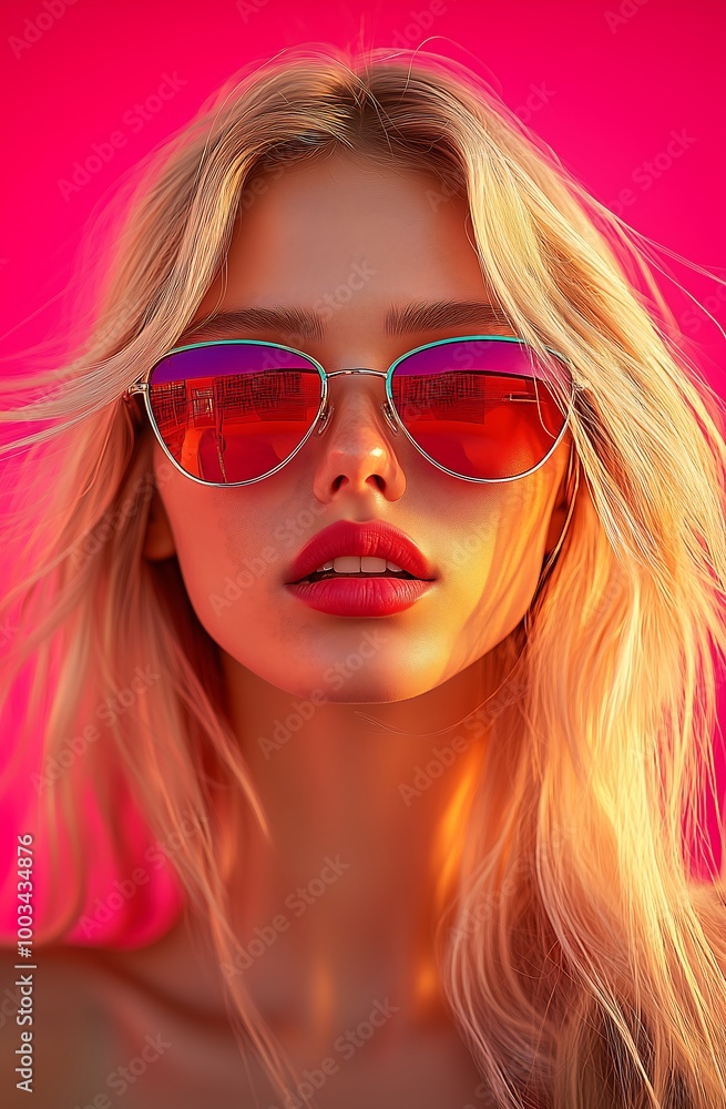 Pink Neon Portrait with Reflection in Sunglasses Pink Neon Portrait with Reflection in Sunglasses