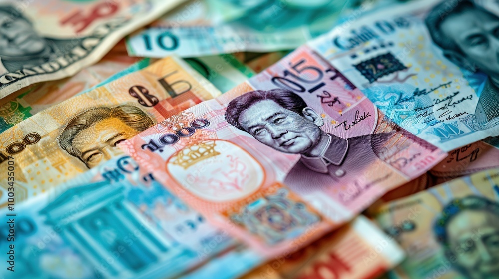Obraz premium Intricate Designs and Denominations: Scattered Thai Banknotes Showcasing Thai Currency