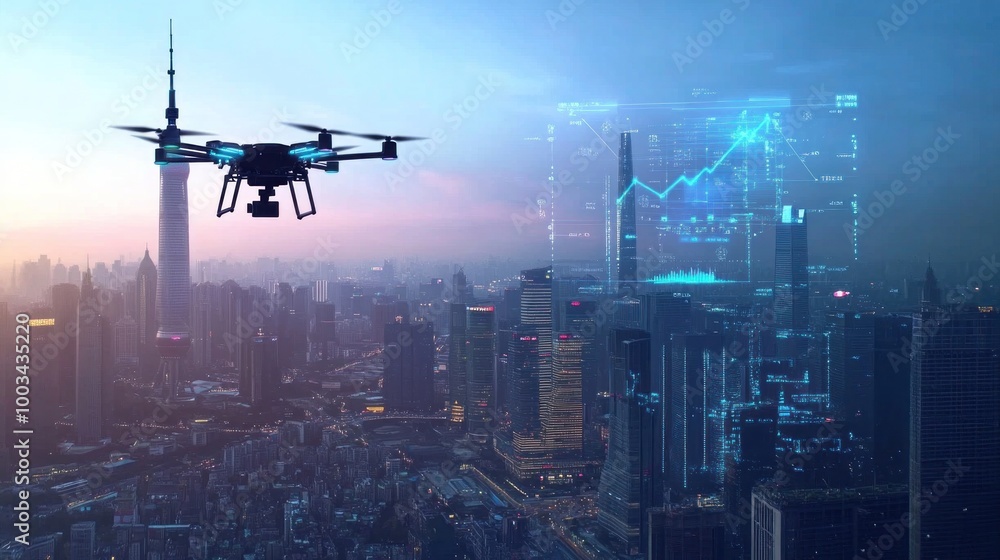 Drone Flying over Cityscape with Data Visualization Drone Flying over Cityscape with Data Visualization