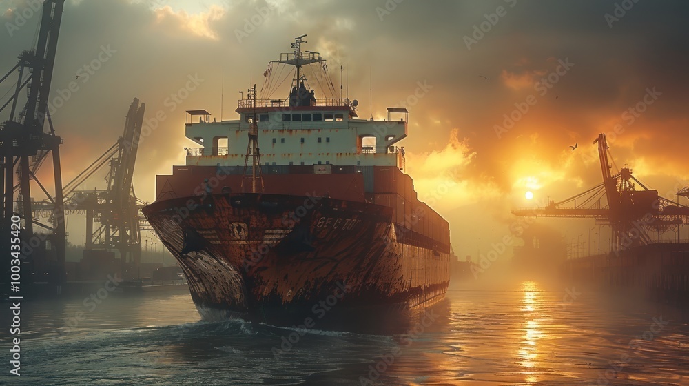 Obraz premium Cargo Ship at Sunset