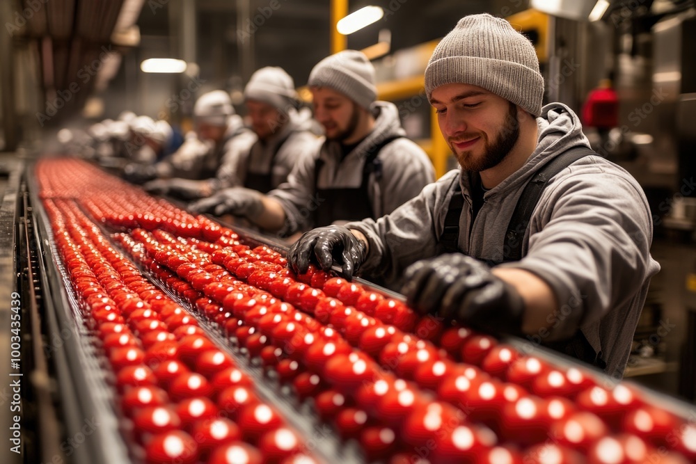 Team of Workers Conducts Conveyor Alignment Inspection in Food Packaging Line for Quality Assuranc Team of Workers Conducts Conveyor Alignment Inspection in Food Packaging Line for Quality Assuranc