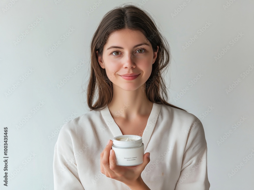 Mulher segurando creme corporal em uma imagem clean de fundo cinza, que fala sobre estética, beleza, bem estar e cuidados com a pele. Mulher segurando creme corporal em uma imagem clean de fundo cinza, que fala sobre estética, beleza, bem estar e cuidados com a pele.