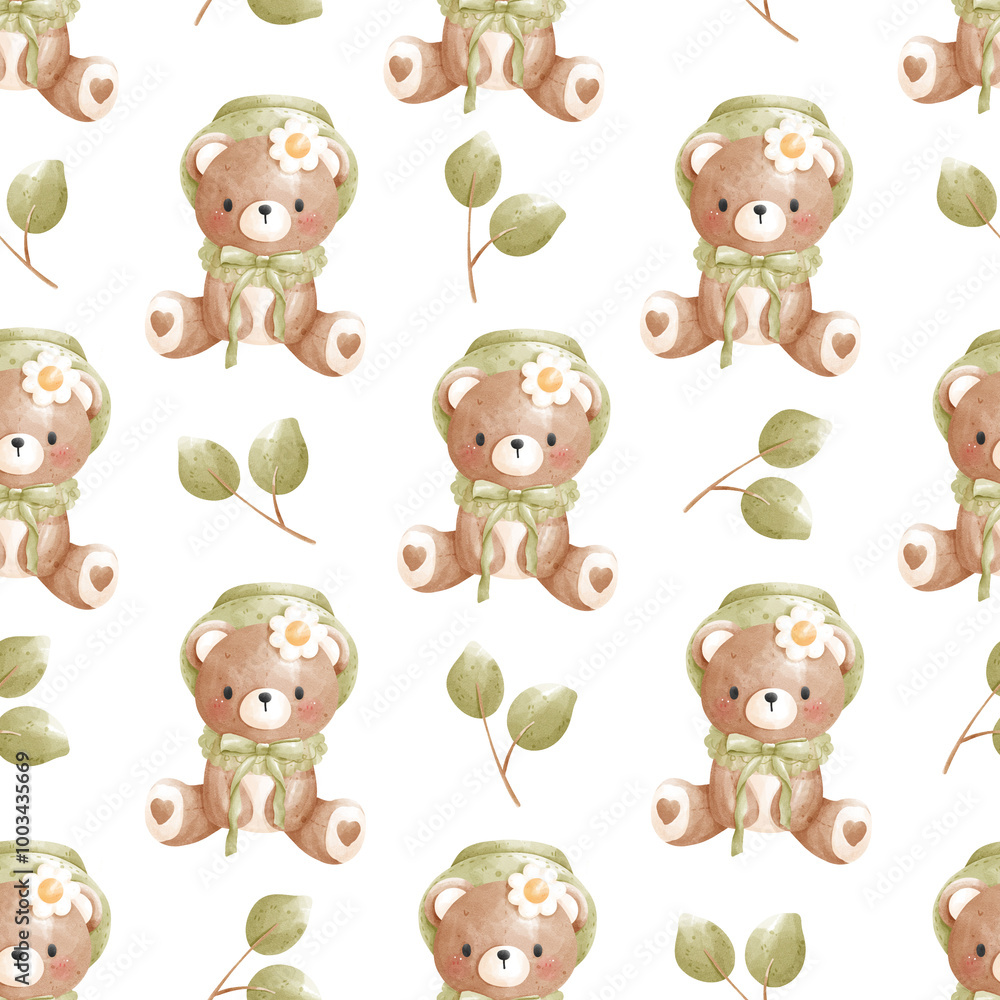Fototapeta premium Cute Camping Litter Bear Seamless Pattern