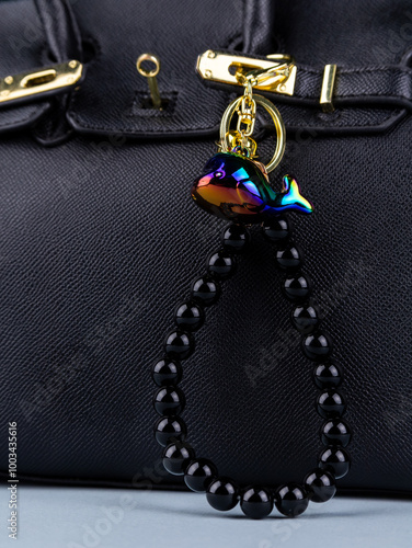 Close up of black whale  ​​shaped keychain on trendy black bag photo