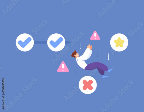 concept of failed process. task was unsuccessful. failed to progress to the next stage. failure and mistake. illustration of a businessman falling and unable to reach the goal. flat style design