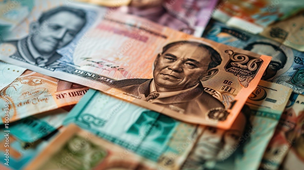 Scattered Thai Banknotes: Prominently Displaying Intricate Designs and Various Denominations of Thai Currency Scattered Thai Banknotes: Prominently Displaying Intricate Designs and Various Denominations of Thai Currency