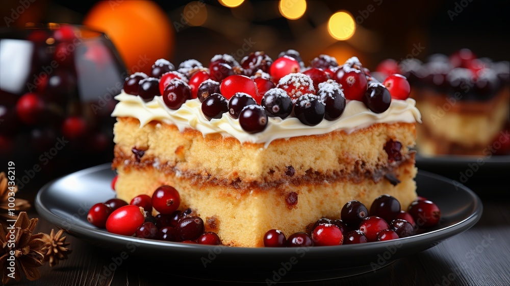 A slice of cake with white frosting and fresh cranberries, dusted with powdered sugar, sits on a black plate beside a bowl of cranberries. A slice of cake with white frosting and fresh cranberries, dusted with powdered sugar, sits on a black plate beside a bowl of cranberries.