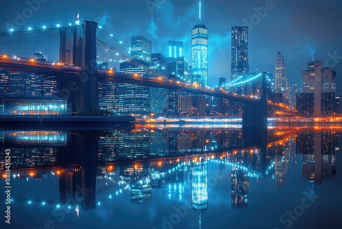 Stunning Manhattan Skyline at Night with Brooklyn Bridge and Glowing Reflections on Water