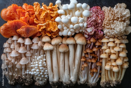 A Stunning Display of Diverse Mushrooms Artfully Arranged on a Dark Surface photo