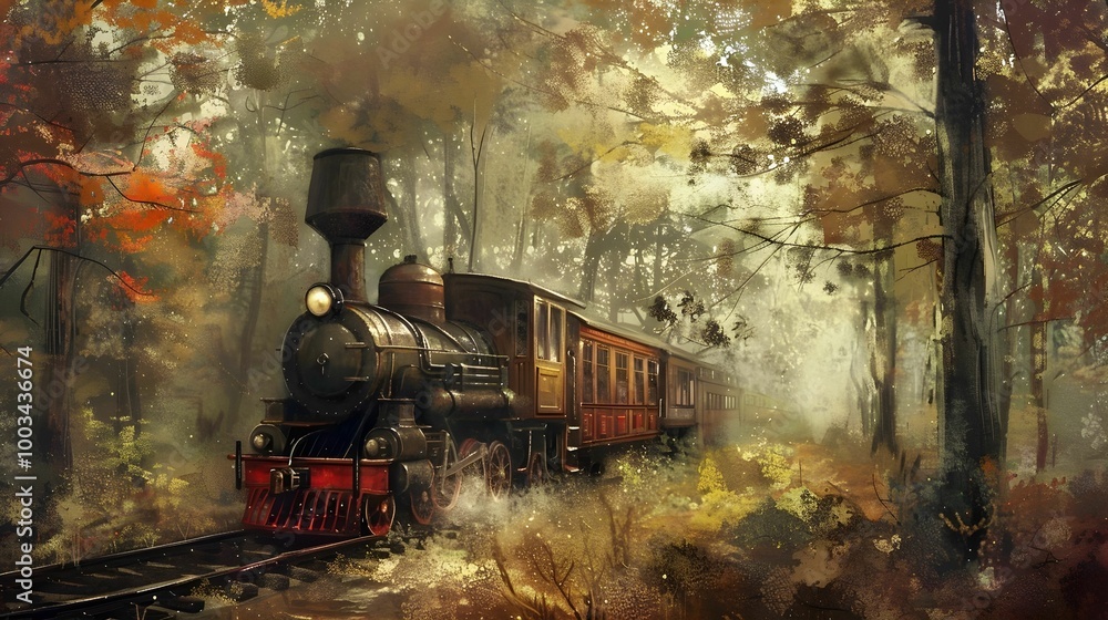 Naklejka premium Train in the Forest. Wallpaper. Wallpaper