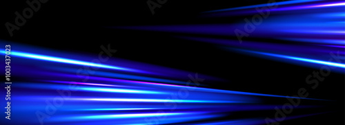 Neon glowing dynamic stripe background. Bright blue speed light effect. Magic trail flare line texture. Luminous laser beams or rays wallpaper design. Futuristic neon speedy streak backdrop. Vector 