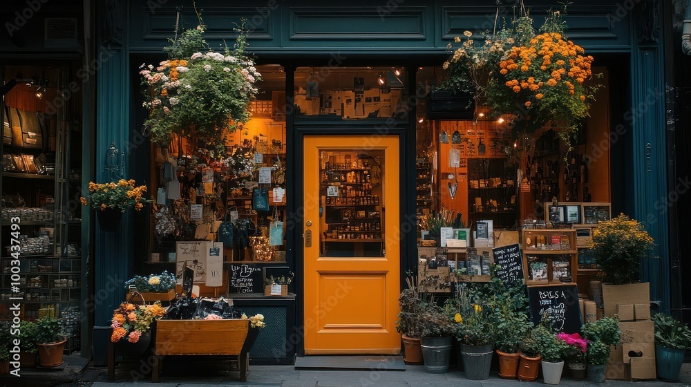 A charming storefront with a bright yellow door and floral displays. A charming storefront with a bright yellow door and floral displays.