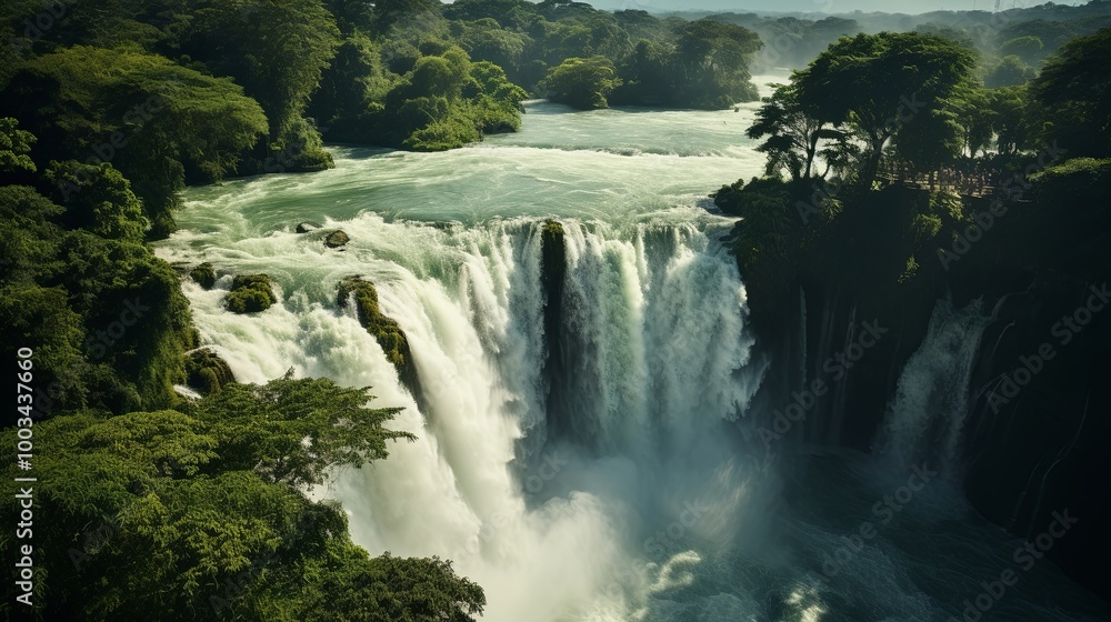 Fototapeta premium A cascading waterfall with a powerful flow, surrounded by lush vegetation and a misty spray, creating a breathtaking display of nature's raw power.