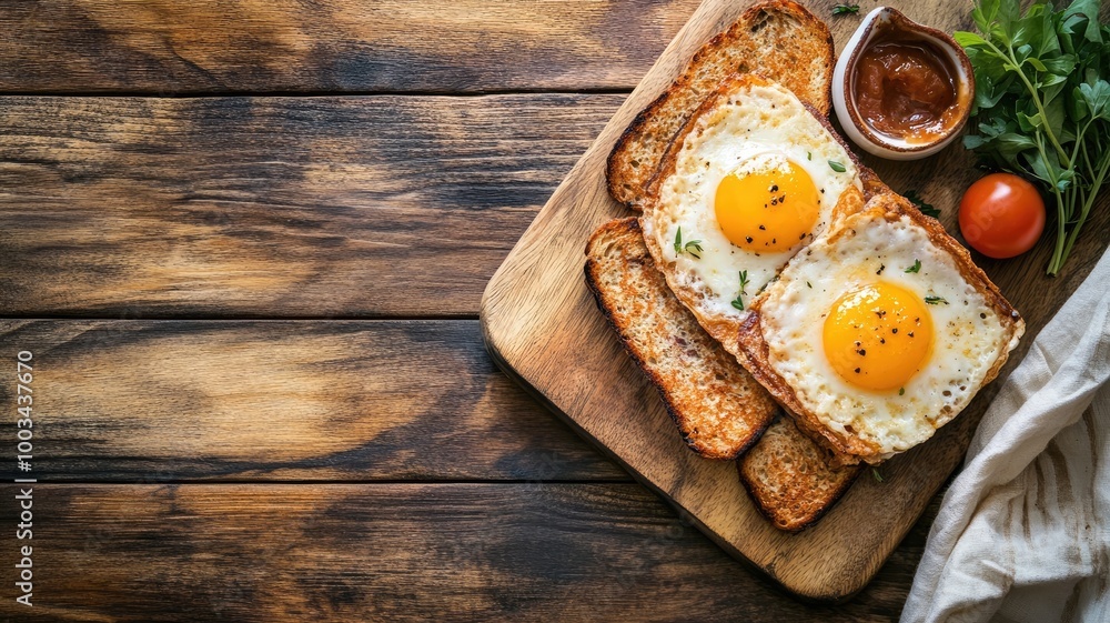 Fried eggs on toast with tomato, greens wooden board Fried eggs on toast with tomato, greens wooden board