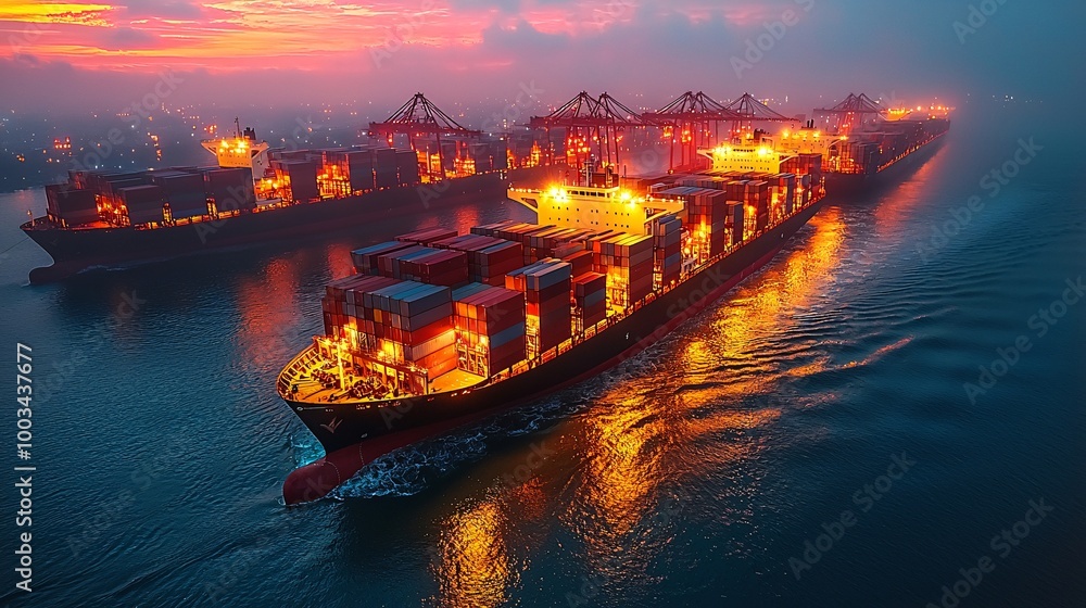 AI-driven logistics interface visualizing container ship routes across a global supply chain network for efficient international trade AI-driven logistics interface visualizing container ship routes across a global supply chain network for efficient international trade