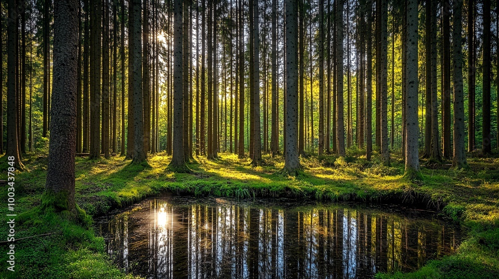 Obraz premium Sunlight filtering through tall trees in a dense forest, reflecting on a small pond.