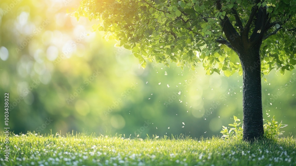 Tree in sunlit grassy field with falling leaves Tree in sunlit grassy field with falling leaves
