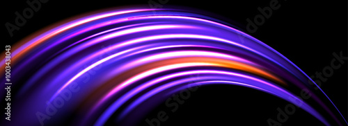 Glowing neon light trail background. Bright pink purple speed lines. Magic luminous curved swirl concept. Abstract spiral dynamic rotating stripes. Curve streaks for poster, banner, flyer. Vector