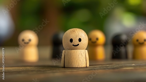 Wooden figurines with smiling faces on blurred background photo