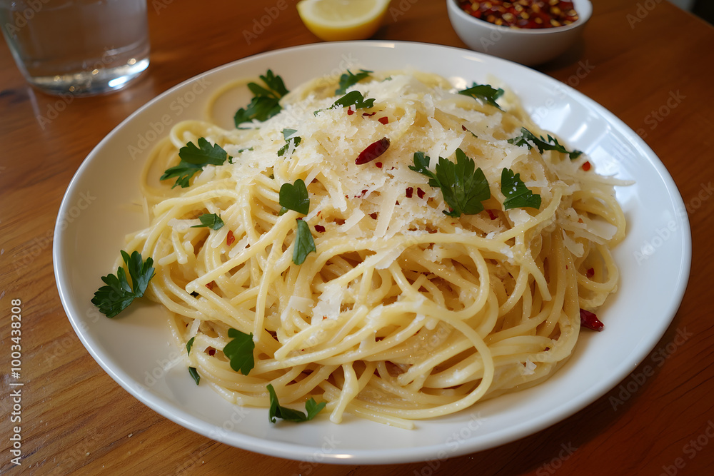 Spaghetti aglio on a plate with wooden background.  