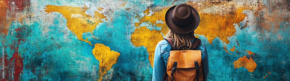 Obraz premium A woman in a hat and backpack stands against the background of an abstract graffiti world map, viewed from behind