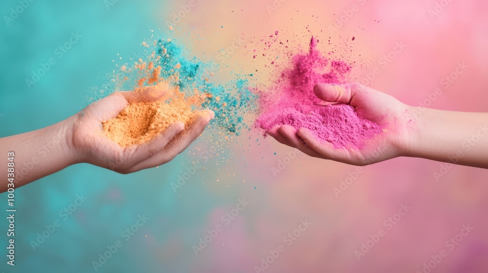 Two hands holding and throwing colorful Holi powder for festive celebration and fun outdoors Two hands holding and throwing colorful Holi powder for festive celebration and fun outdoors